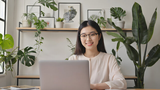 Asian woman smiling on a video call in a bright home office with indoor plants