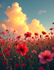 Vibrant red cosmos flowers bloom under a beautiful sky filled with fluffy clouds.