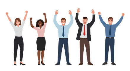 Fototapeta premium Diverse professionals celebrate success with raised arms, portraying teamwork and achievement in a cheerful and energetic illustration of business camaraderie.