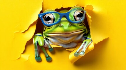Frog wearing glasses is peeking out from a yellow hole. The frog's eyes are wide open, and it is smiling. The image has a playful and whimsical mood, as the frog is dressed in glasses