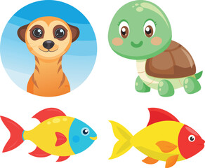 Art of a cartoon meerkat, turtle, and two fish are isolated on white background