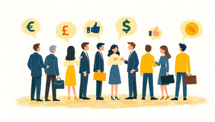 Business team discussing finance and investments with symbols above their heads.