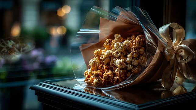 Creative Bouquet Made of Caramel Popcorn in Elegant Wrapping with Golden Ribbon perfect for quirky gift ideas, festive snack promotions, food styling portfolios and holiday event marketing