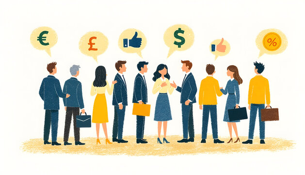 Business team discussing finance and investments with symbols above their heads. - Powered by Adobe