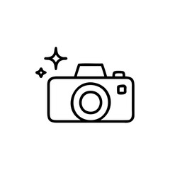 Handdrawn camera icon with lens two starburst sparkles on photography