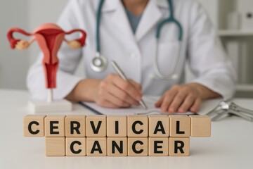 Cervical Cancer Awareness: A medical professional meticulously documents a diagnosis near a detailed model of the female reproductive system, spotlighting critical health matters in an informed.