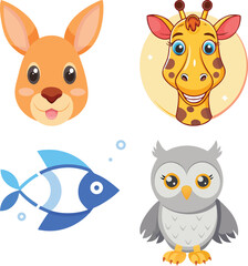 Fototapeta premium Adorable Animal Faces Kangaroo, Giraffe, Fish, Owl Illustrations