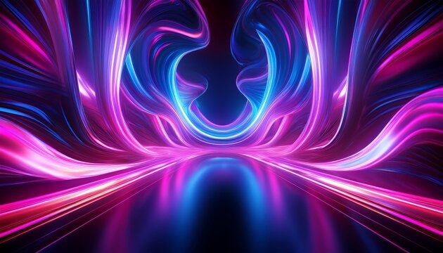 an abstract futuristic background with dynamic swirling waves of vibrant neon pink and blue illumination creating a captivating luminous and kaleidoscopic visual effect
