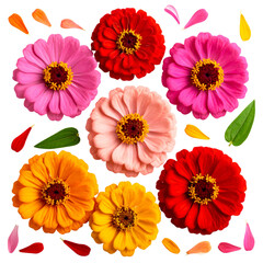 Flat Lay Composition of Multi-Colored Zinnia Flowers with Scattered Leaves and Petals, Transparent Background