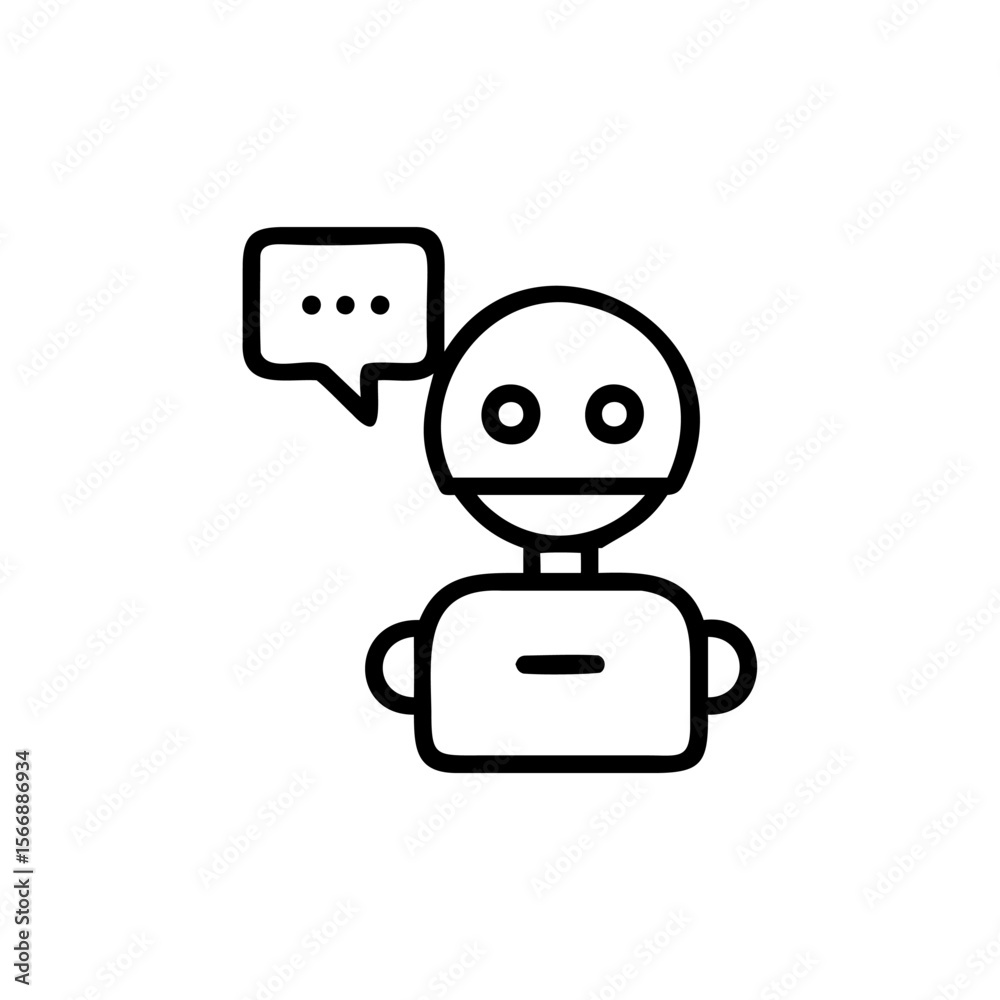 Poster outlined robot with speech bubble containing three dots on a chatbot chat