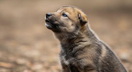 Fototapeta premium 小さな狼の子 柔らかな光に包まれ 好奇心いっぱい. AI Generated