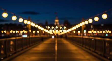 Nocturnal Bridge Glow: Bokeh Lightscape on City Bridge at Night