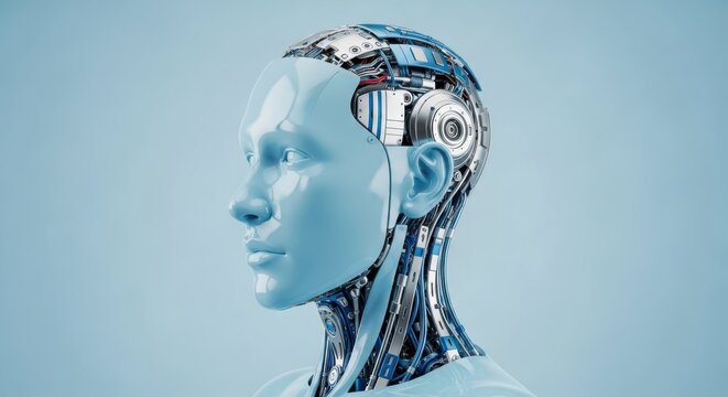 Close up profile of a futuristic humanoid robot head with exposed internal mechanics