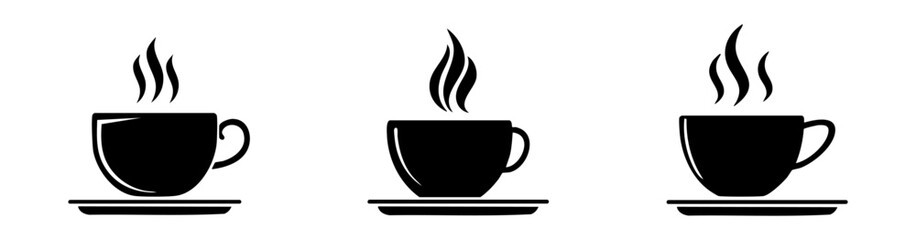 Coffee cup icon set. Cups of coffee tea collection. Hot drink icon. Disposable cup. Minimalist black coffee cup icon with steam, perfect for branding, menus, or digital products.