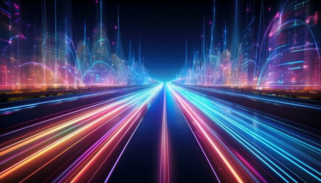 a dynamic high speed highway at night with digital wireframe effects luminous trails and vibrant neon like lights creating a futuristic energy efficient transportation network