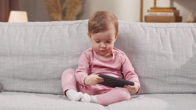 Focused toddler dressed in pink sitting on couch holding smartphone with both hands. Staring at screen and staying fully engaged. Watching animated video or tapping through playful app alone.
