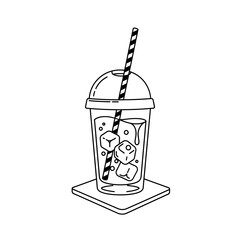 Refreshing Iced Drink in To-Go Cup with Straw and Ice Cubes on Coaster - Hand-Drawn Outline Vector Illustration for Summer Beverages, Cafe Menus, and Refreshment Concepts.