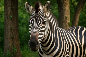 Fototapeta premium Riga, Latvia 05-09-2024 A zebra stands amidst a tranquil forest, its striking black and white stripes contrasting with the lush greenery