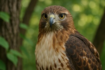 Riga, Latvia 05-09-2024 A majestic hawk surveys its forest domain with keen eyesight, embodying the spirit of nature's predators
