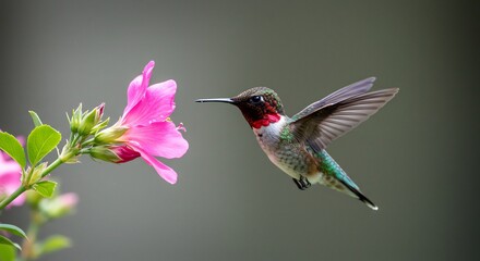 鮮やかピンクの花蜜吸う 小さなハチドリ 柔らかな光 自然写真. AI Generated