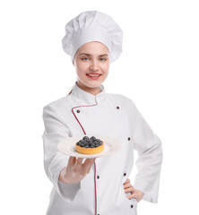 Happy confectioner in uniform holding delicious tart with blueberries on white background