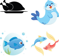 Obraz premium Adorable Sea Creatures and Roasted Chicken Clipart Bundle