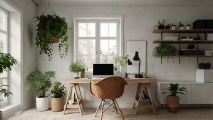Obraz premium Scandinavian-style workspace with green plant, wooden desk, and minimal decor, calm and bright atmosphere.