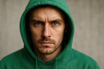 Riga, Latvia 05-09-2024 A man in a green hoodie stands resolute against a muted backdrop