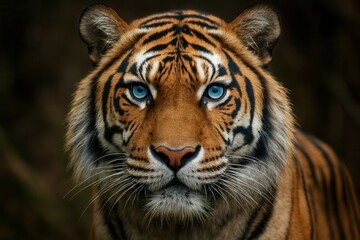 Riga, Latvia 05-09-2024 Capturing the essence of power and mystery, this tiger's piercing blue eyes gaze directly into the viewer, embodying both the wild beauty and untamed spirit of nature