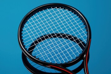 Riga, Latvia 05-09-2024 A Close-Up of Tennis Racket Netting Against a Blue Backdrop