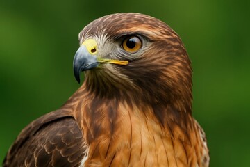 Riga, Latvia 05-09-2024 A Study in Contrasts - Feathers of Golden Brown, Piercing Yellow Beak, and the Calm Green Backdrop