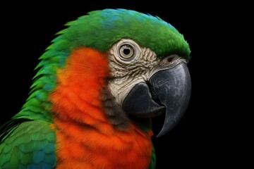 Fototapeta premium Riga, Latvia 05-09-2024 A vibrant parrot with a striking profile against a stark black background