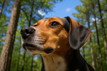 Riga, Latvia 05-09-2024 A curious dog gazes upwards into the azure sky amidst a canopy of green trees, embodying the spirit of adventure and companionship