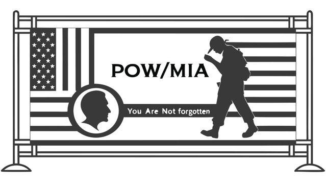 black and white image, military silhouette, american flag, pow/mia, you are not forgotten, vintage style, high contrast"
 - Powered by Adobe