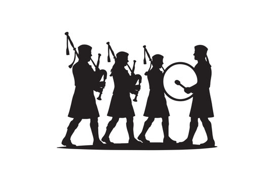 scottish pipe band silhouette vector art illustration on white background