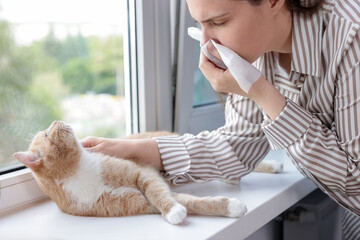 Woman suffering from allergy with her cat near window at home, closeup