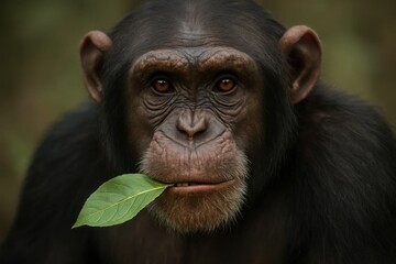 Riga, Latvia 05-09-2024 A Chimpanzee's Quiet Moment with a Leaf