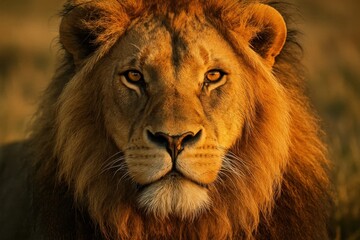 Riga, Latvia 05-09-2024 The Majestic Gaze of a Lion in Golden Hues