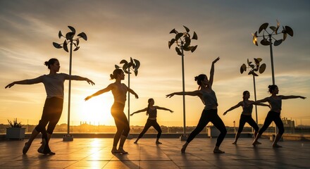 dancers practicing at sunset on rooftop with wind turbines