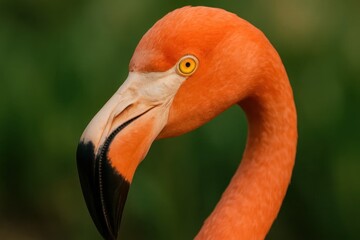 Riga, Latvia 05-09-2024 A close-up of a vibrant flamingo's head against a blurred green backdrop, highlighting its striking orange plumage and distinctive black beak