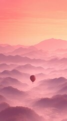 Fototapeta premium A hot air balloon floats above misty mountains at sunrise with a pink and orange sky above it all