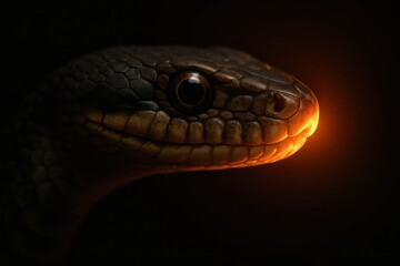 Fototapeta premium Riga, Latvia 05-09-2024 A snake's head illuminated by a fiery light against a dark backdrop
