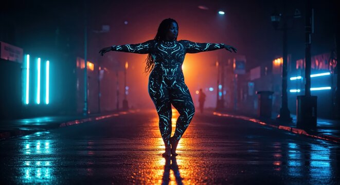 dancer in neon-lit urban street at night
