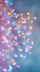 Close up of string lights on thin branches with a soft pastel colored bokeh background effect