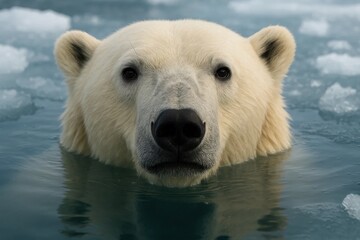 Riga, Latvia 05-09-2024 A solitary polar bear gazes into the icy waters of the Arctic, its fur a stark contrast against the blue-green hues of the frozen sea
