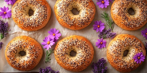 fresh bagels with poppy seeds and edible flowers for breakfast or brunch ideas