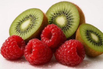 Riga, Latvia 05-09-2024 A Colorful Display of Kiwi and Raspberry Fruits on a White Background