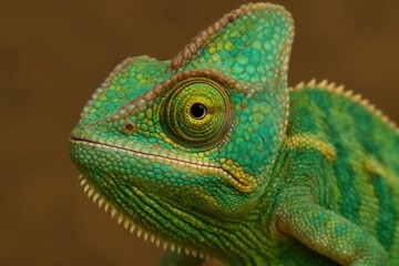 Obraz premium Riga, Latvia 05-09-2024 A close-up of a vibrant green chameleon with its distinctive crested head, set against a blurred brown background