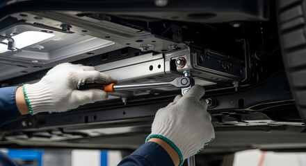 Mechanic meticulously works under a vehicle, carefully tightening bolts with precision tools. The underside of the car is visible, showcasing intricate mechanical details.