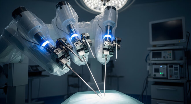 Robotic Surgery Precision instruments illuminate the operating table, a glimpse into advanced medical technology and the future of healthcare.